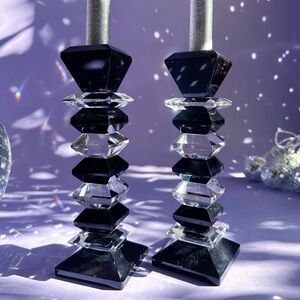 Vintage Heavy Crystal Black & Clear Candle Holders Candlesticks